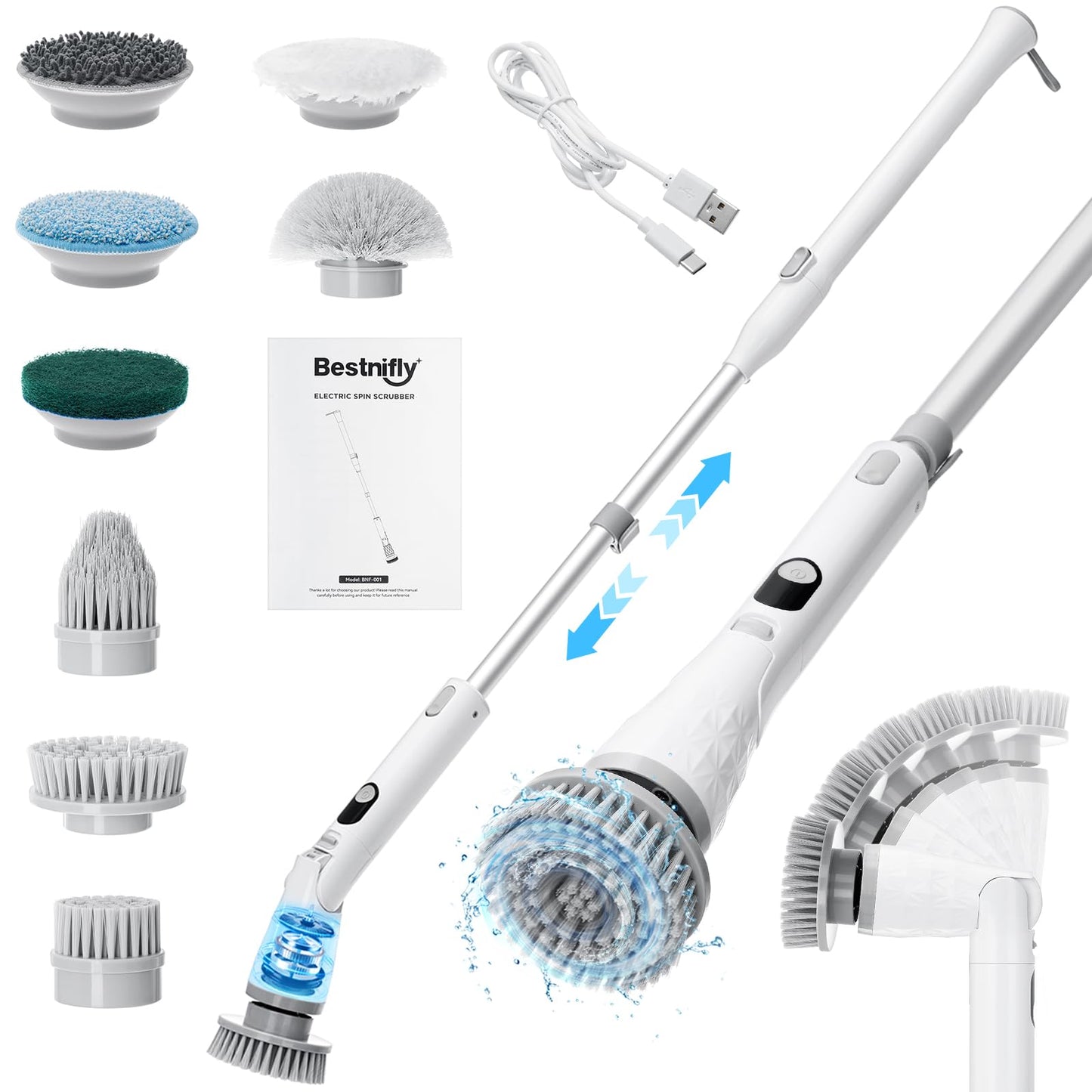 Electric Spin Scrubber with 6 Adjustable Angles Cordless Cleaning Brush IPX7 Waterproof with 8 Replaceable Brush Heads Shower Scrubber with Aluminum Extension Handle for Bathroom Floor Tub Tile Car